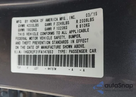 2015 Honda Accord Lx from USA, damaged, VIN 1HGCR2F31FA147853